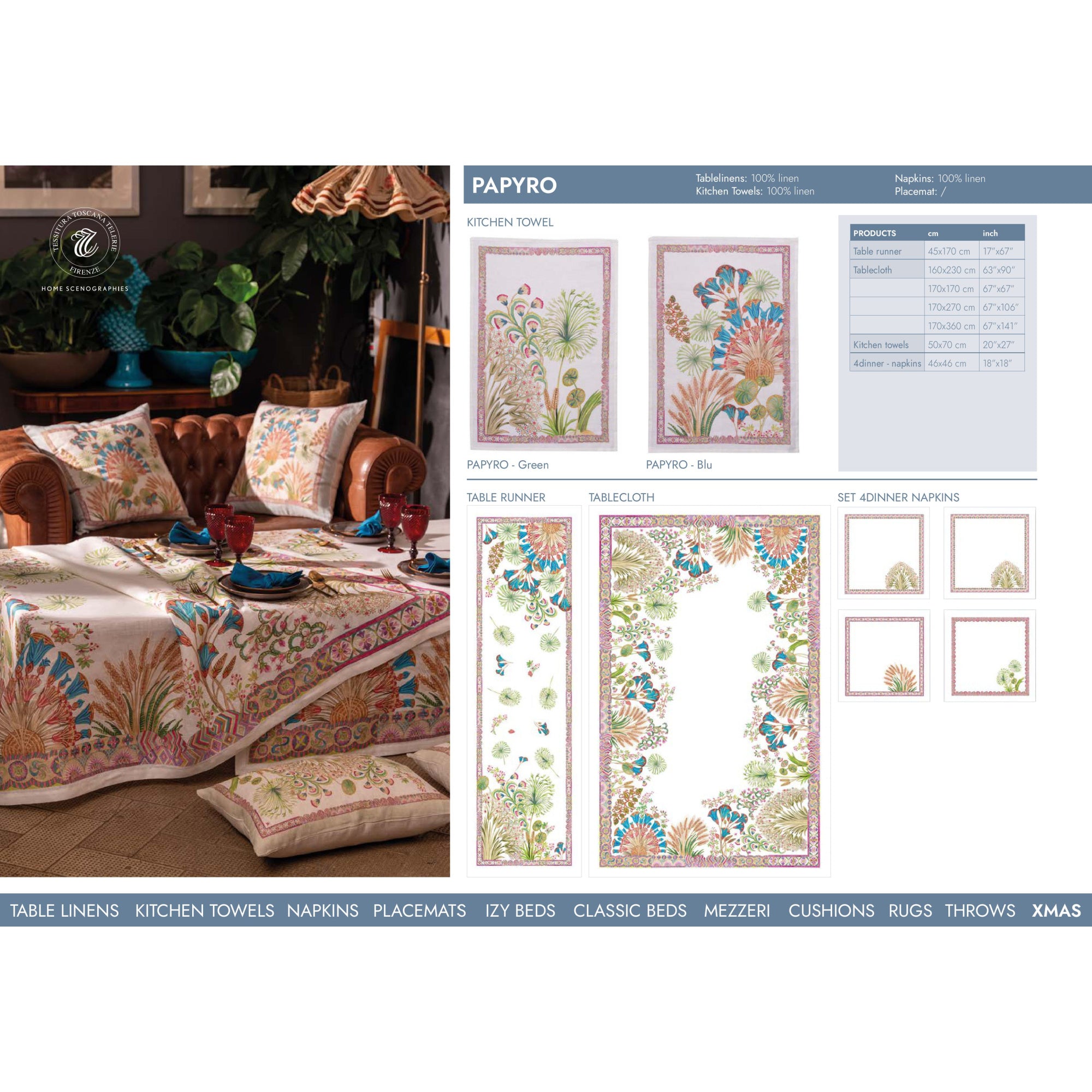 Papyro tafelloper en tafelkleden met papyrus planten en turquoise bloemen, linnen, kies je formaat