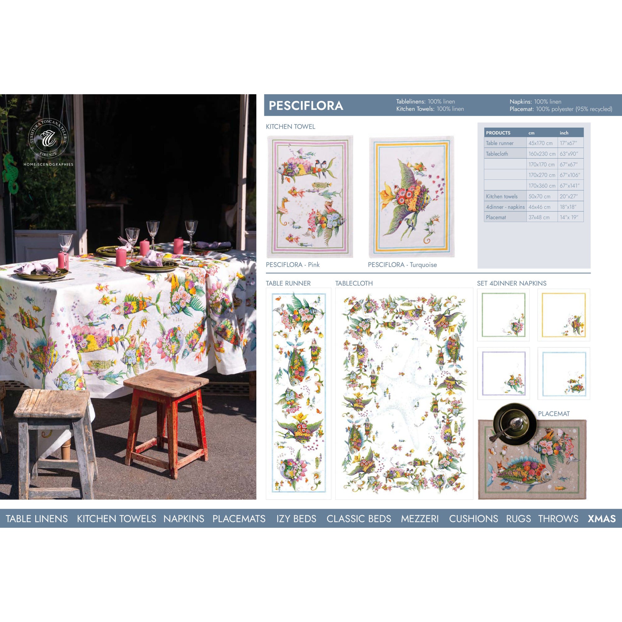 Pesciflora tafelloper en tafelkleden met fantasiebloemen en -dieren in zomerse kleuren, kies je formaat