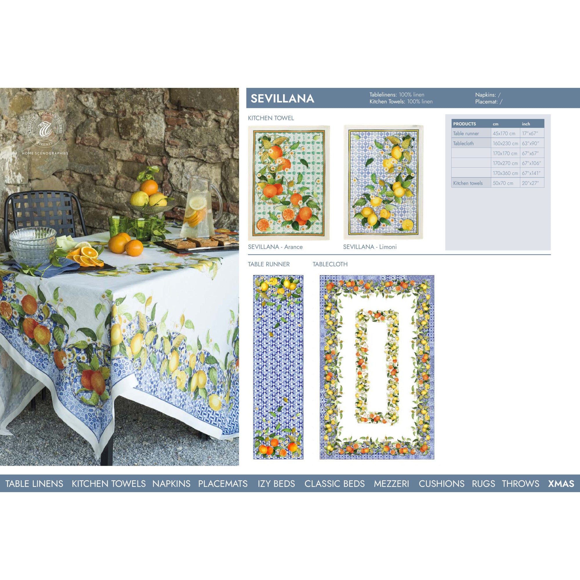 Sevillana linnen tafelkleden en loper met Sevilliaanse tegels, citroenen en sinaasappels, kies je formaat