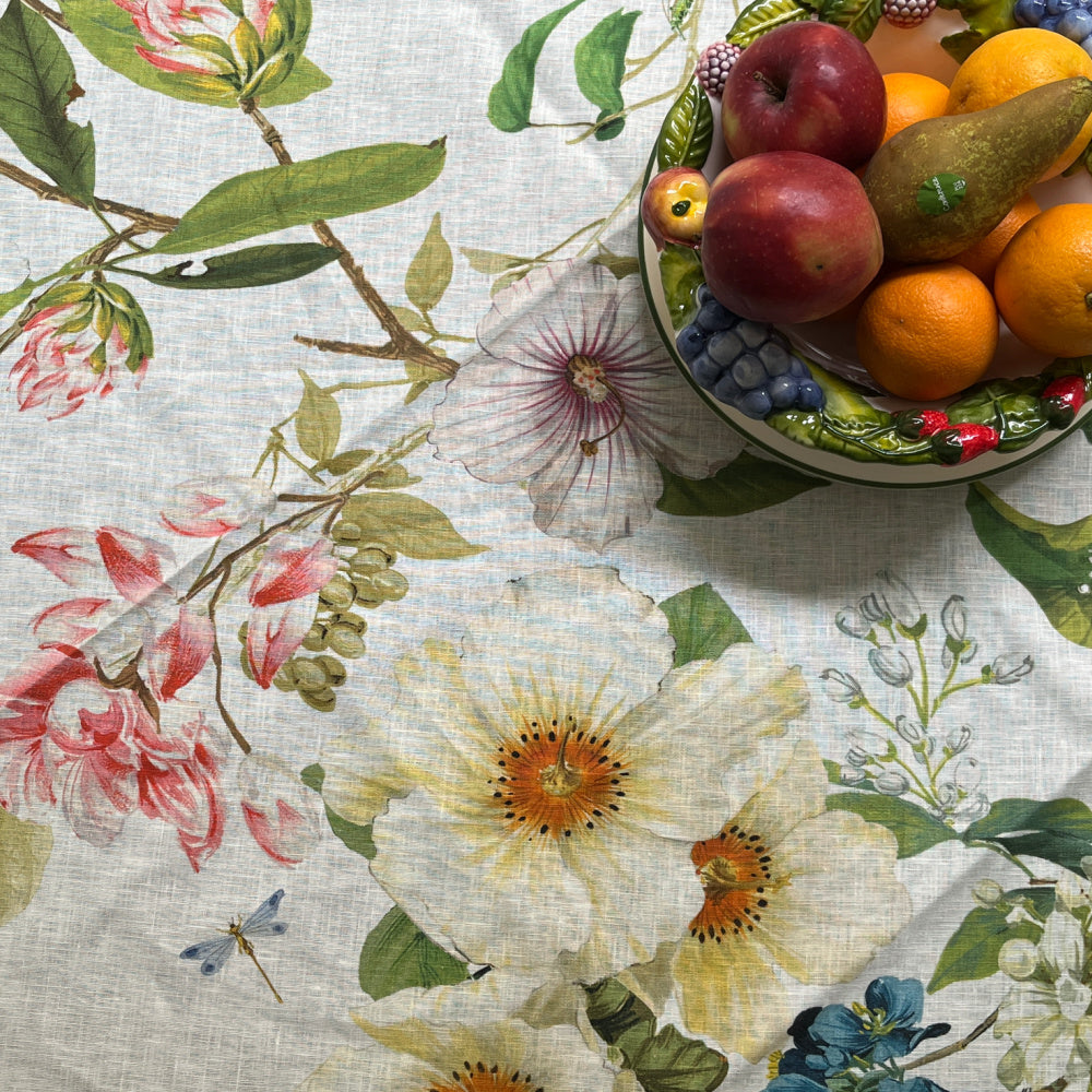 Linnen tafelkleed Ibisco met hibiscus en heel veel andere bloemen, kies je formaat (ook rond en als tafelloper)