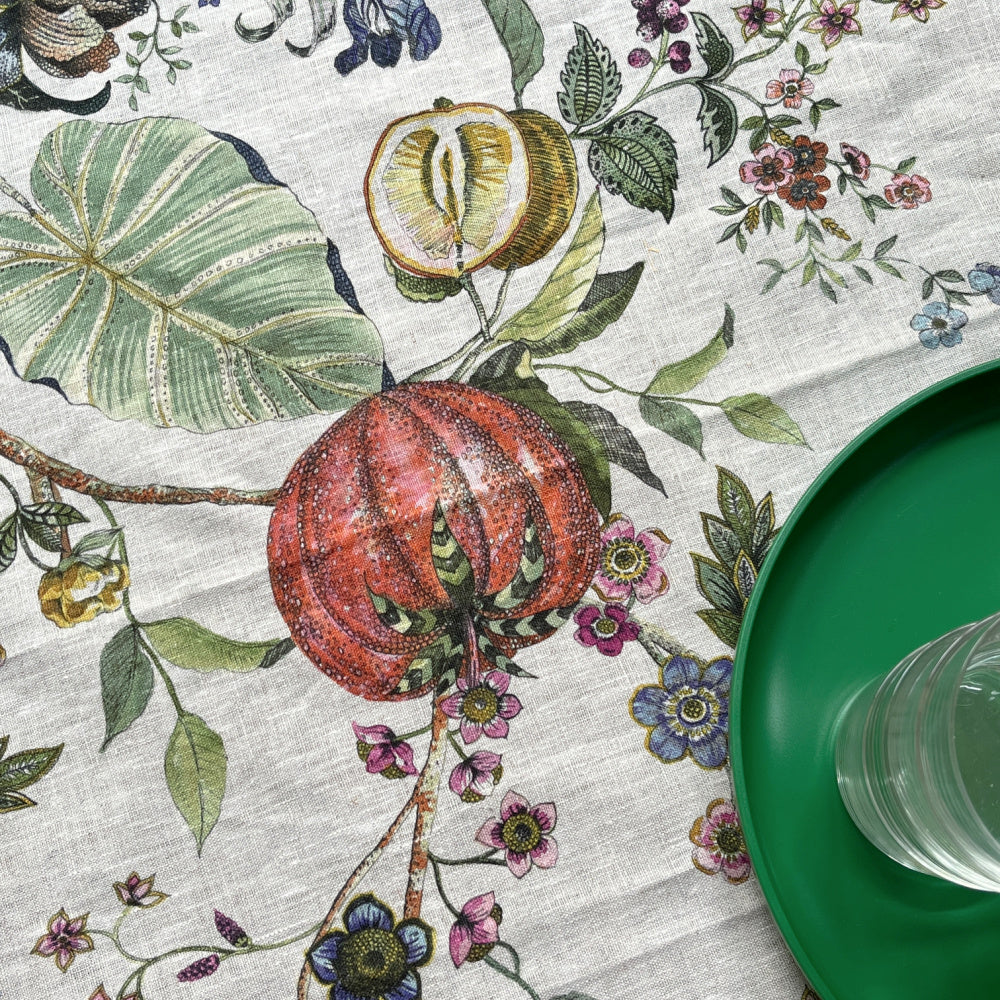 Linnen tafelkleed Biloba met bloemenfantasieprint, kies je formaat (ook rond en als tafelloper)