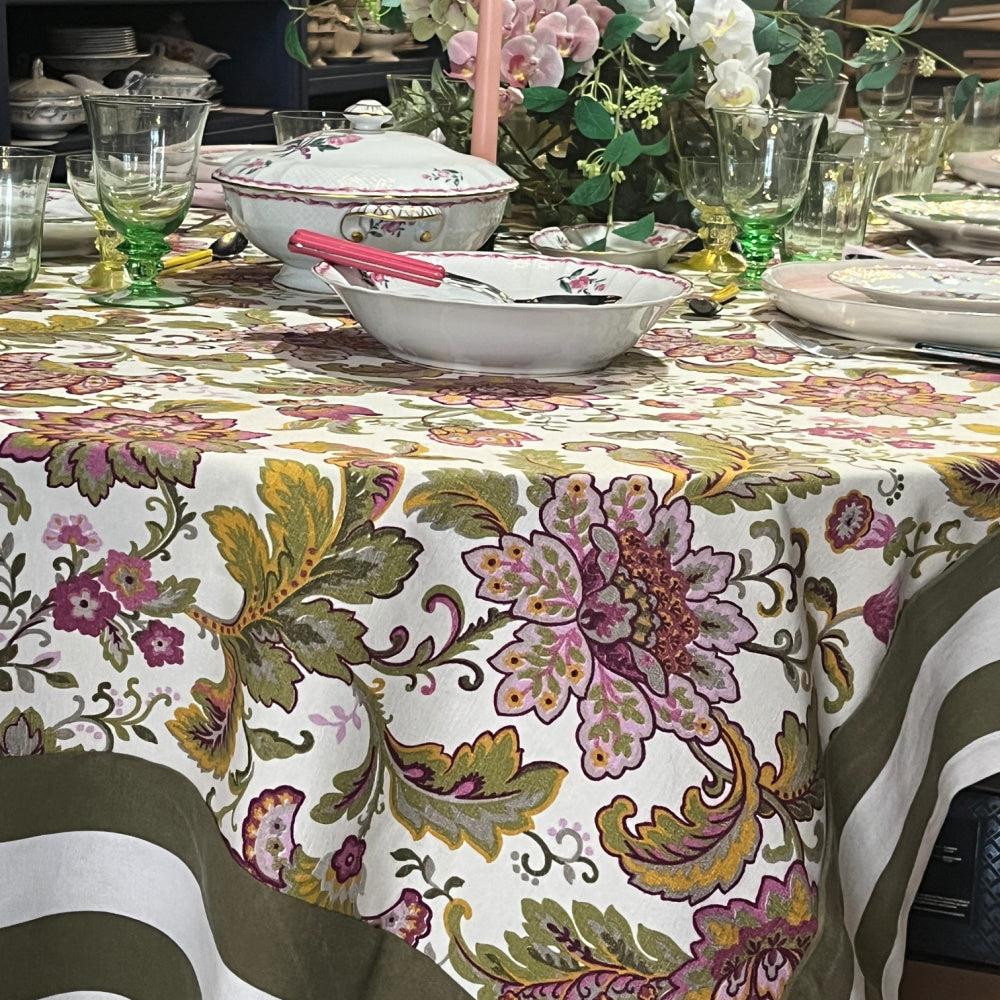 Eggy colorful floral (fuchsia, green, yellow) tablecloth with a striped border in army green | 130 x 310 cm