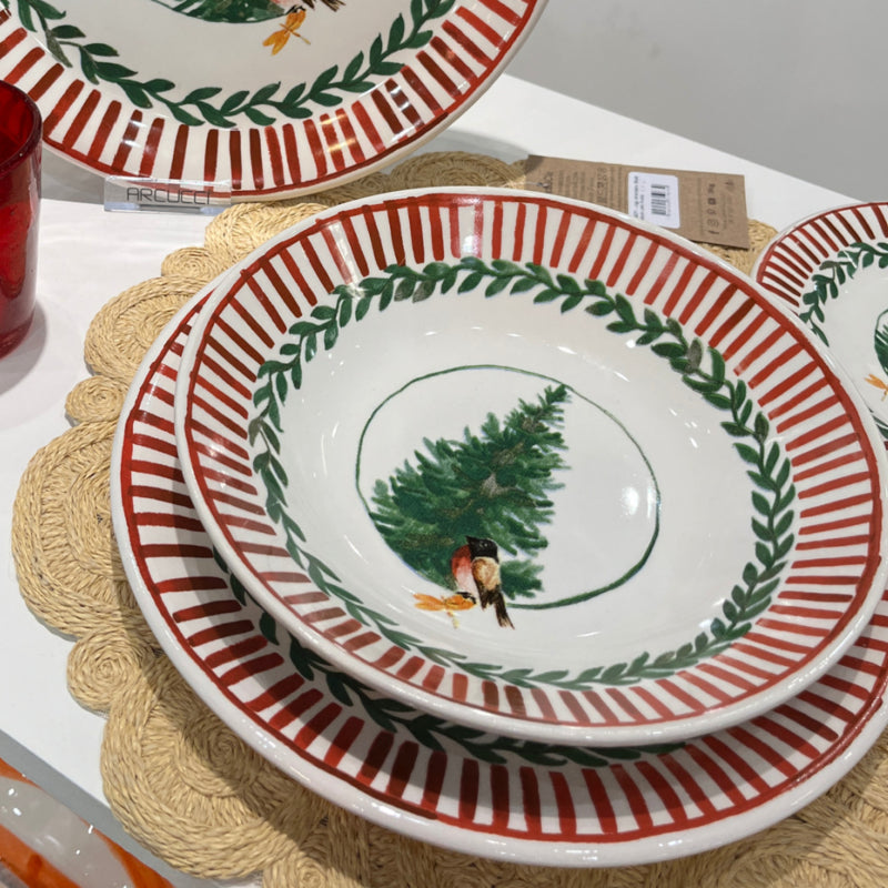 Arcucci 6er Set Speiseteller Ø 26 cm, Weihnachtsgeschirr Rosso Natale Weihnachtsbaum und Stieglitz
