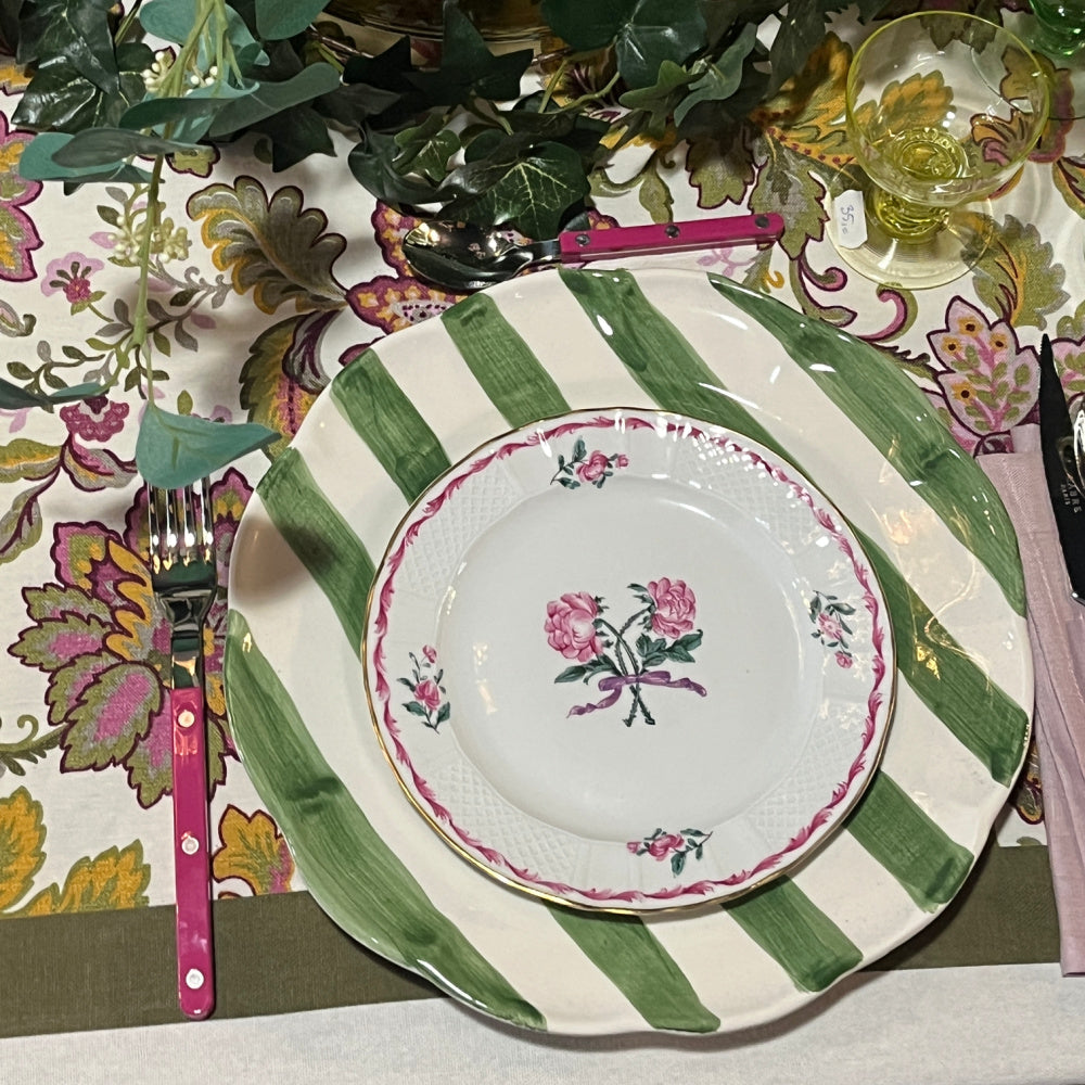 Eggy colorful floral (fuchsia, green, yellow) tablecloth with a striped border in army green | 130 x 310 cm