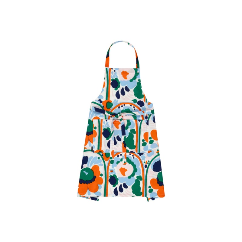 Marimekko Karuselli apron in green, pink, orange and blue