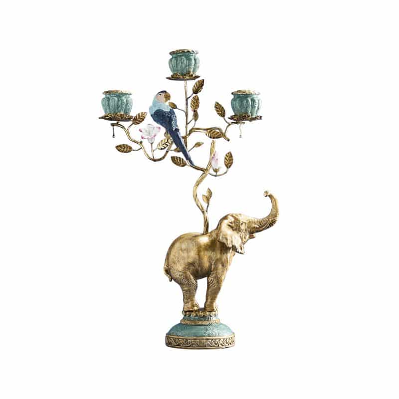 Kandelaar Olifant goud en turquoise, kunsthars en metaal 28 x 11 x 46,5 cm