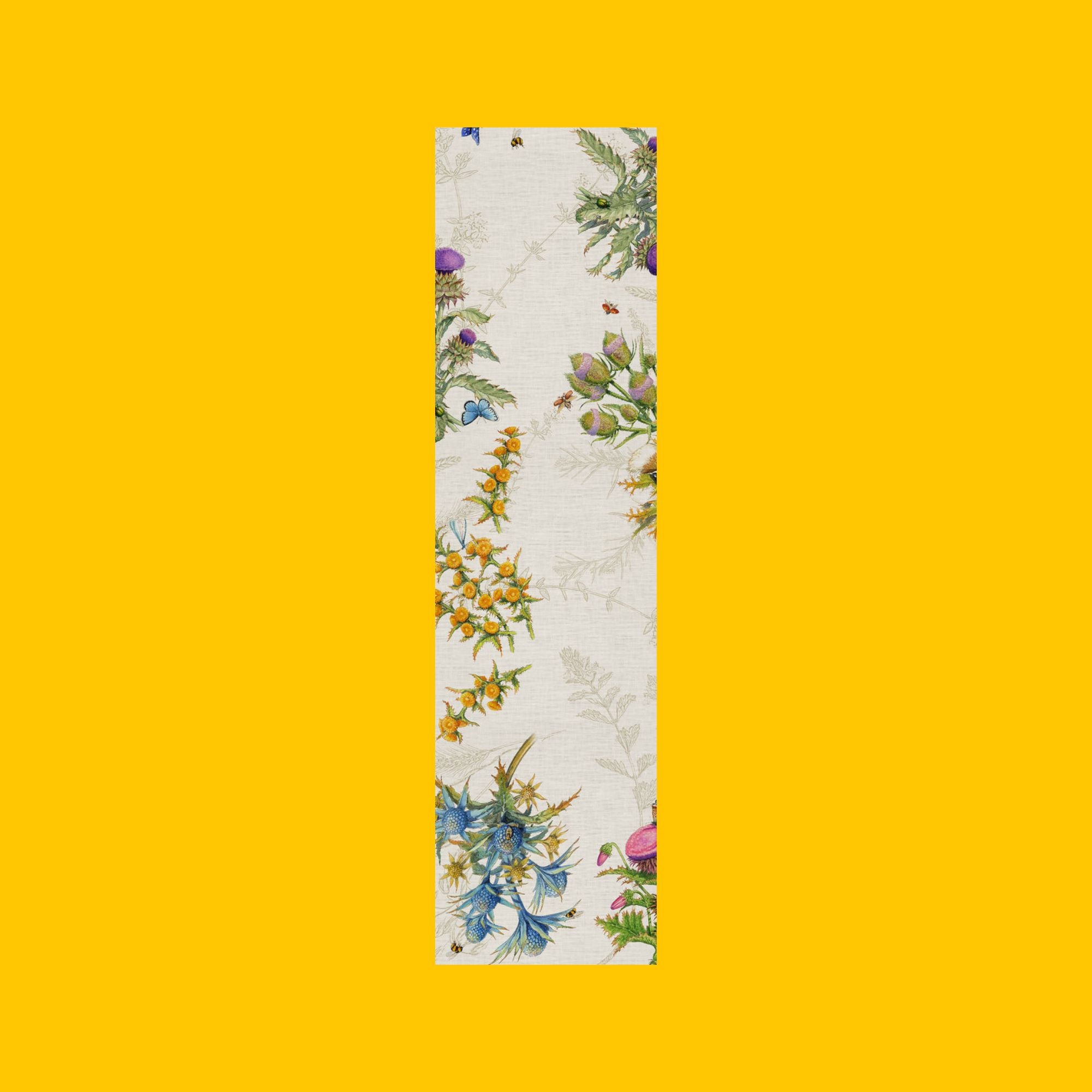 Linnen tafelkleed Cynar met artisjokken, distels, ijsbloemen en vlinders, kies je formaat (ook rond en als tafelloper)