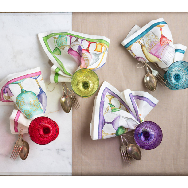 Linnen set van 4 verschillende servetten Cincin (Crystal) met gekleurde glazen