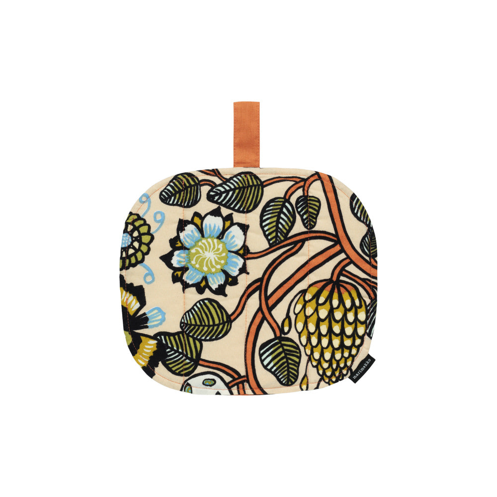 Marimekko Pannenlap Tiara in groen, oranje, blauw en geel op lichtgeel