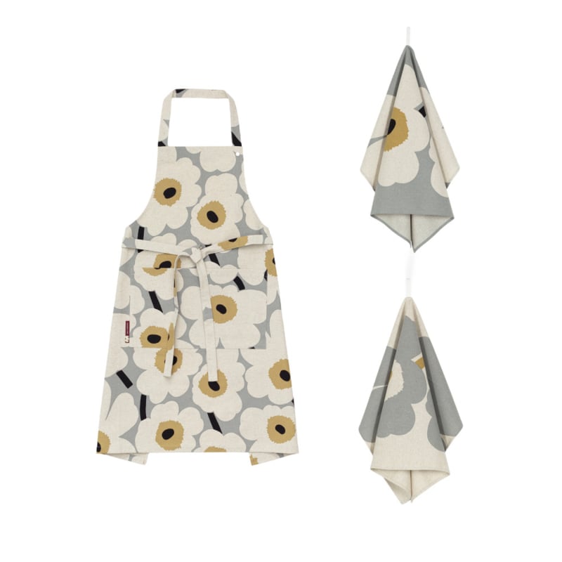 Marimekko Set Unikko Schürze mit 2 Geschirrtüchern grau, goldgelb und schwarz in Geschenkbox