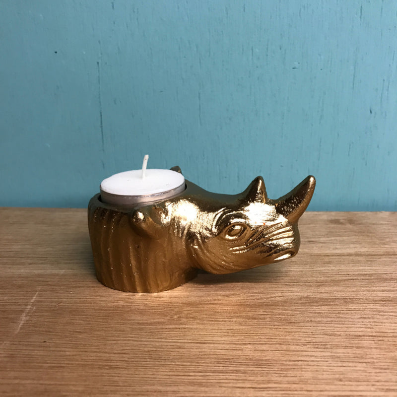 Goldfarbene Teelichthalter mit Tierköpfen: Affe, Bär, Puma, Löwe und Nashorn