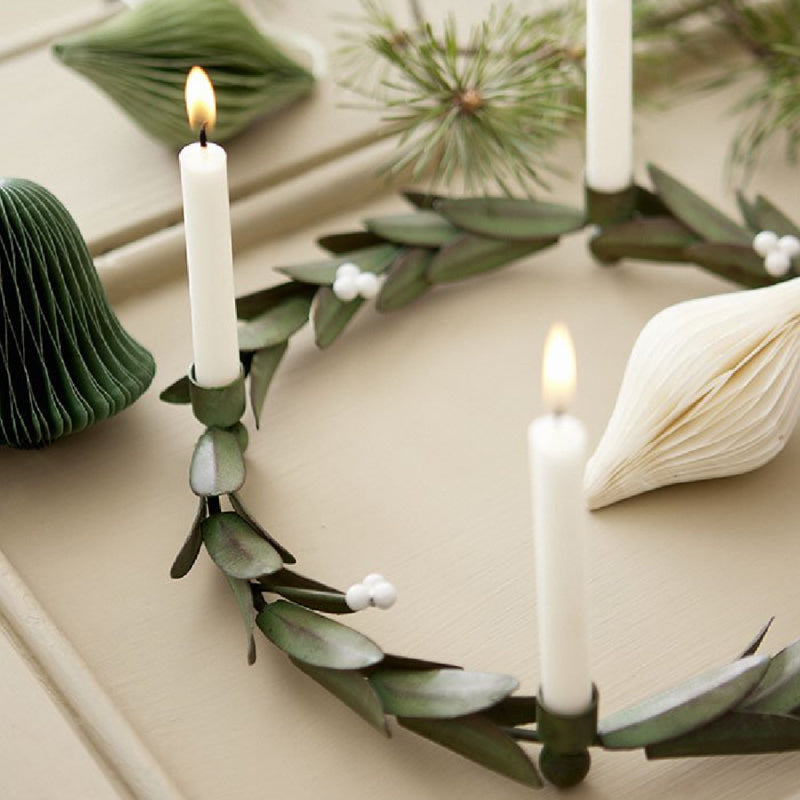 Bungalow KERST groene lage metalen kandelaar krans Ø 20 cm Ming met blaadjes voor kerstboomkaarsjes