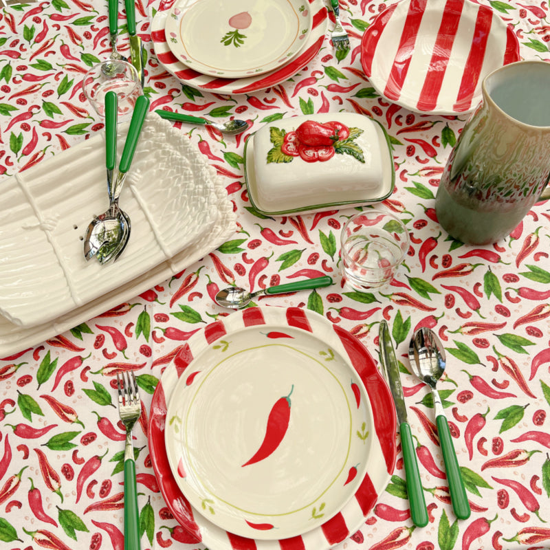 Eggy cotton tablecloth with red peppers and basil leaves | 145 x 230 cm