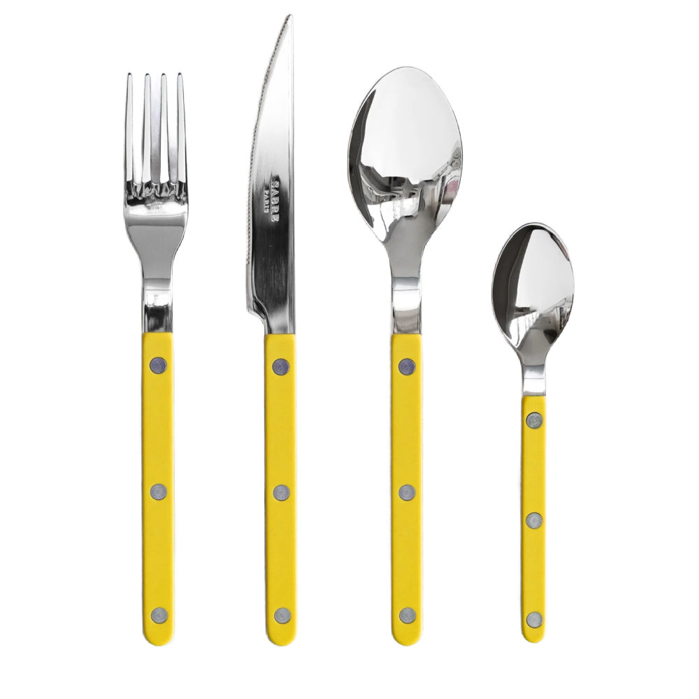 Sabre Bistrot geel 4-delige bestekset dinermes, dinervork, dinerlepel, koffielepel