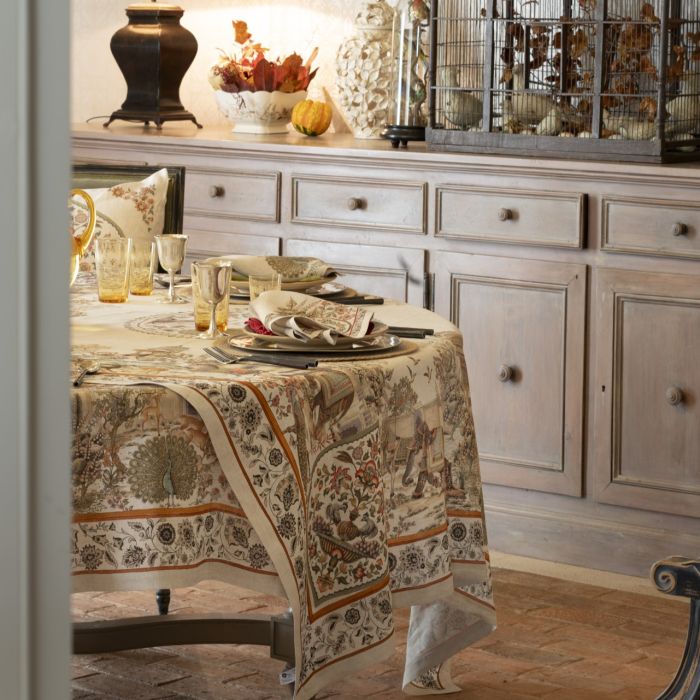 Mudra tafelloper en tafelkleden met ingekleurde gravure 'Indiase paleistuin', linnen, kies je formaat