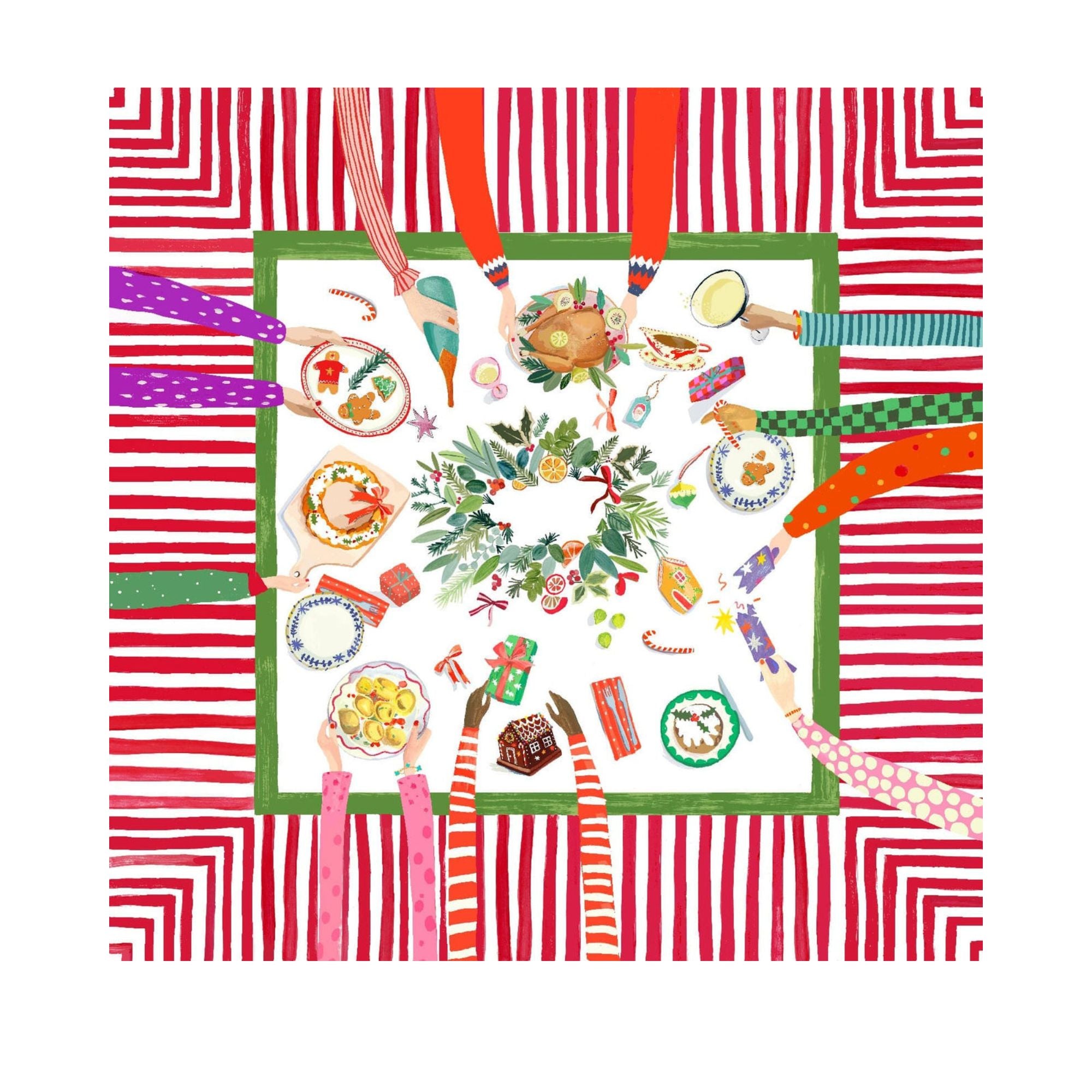 Hand on Christmas kersttafelkleed en loper met handjes die niet van het lekkers kunnen afblijven. Kies je formaat (ook in het rond!)