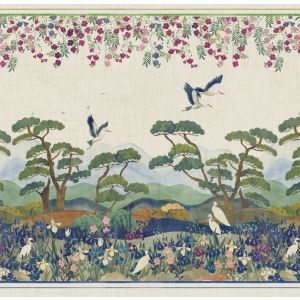 Sprei Izumi 100% linnen met kraanvogels in Japans landschap| kies uit 1 of 2-persoons