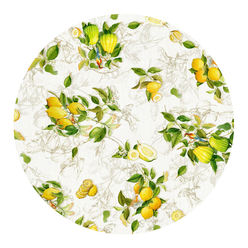 Linnen tafelkleed Limoncello met citroenen en vogeltjes, kies je formaat (ook rond en als tafelloper)