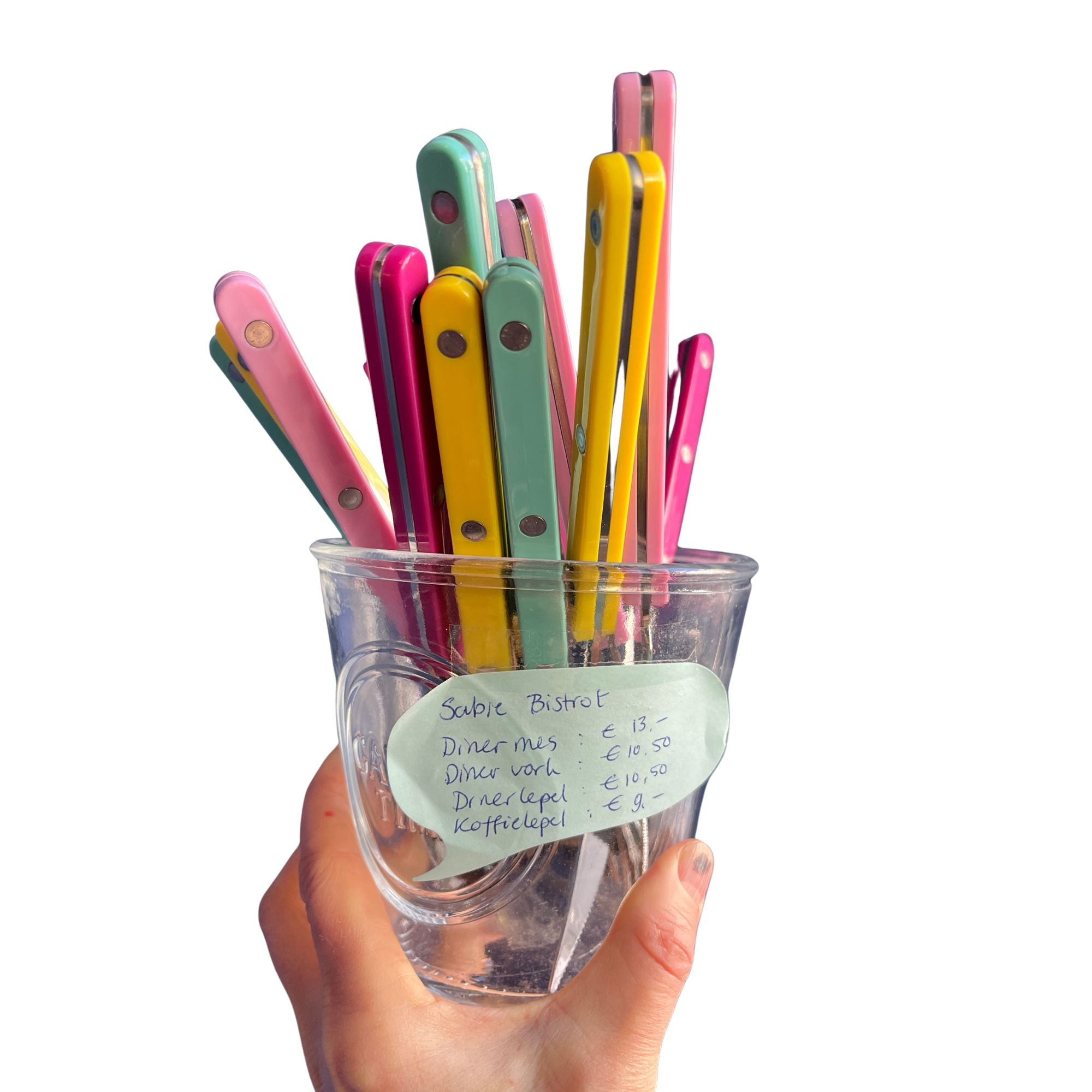 Sabre Bistrot 3-delige bestekset: dinermes, dinervork, dinerlepel (kies uit: felgeel, fuchsia, roze, turquoise)