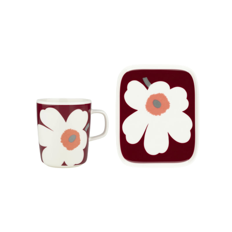 Marimekko Unikko 60 jaar set mok en schoteltje bordeaux en koraal