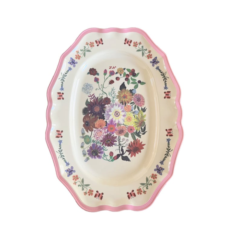 Rice * Nathalie Lété melamine ovalen serveerschaal bloemen en roze rand | 37 x 27 cm