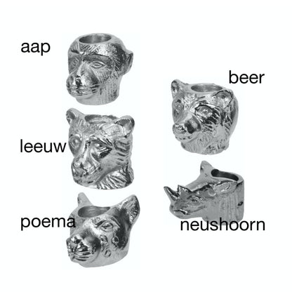 Kaarsenstandaard zilverkleurig met dierenkoppen: aap, beer, poema, leeuw en neushoorn