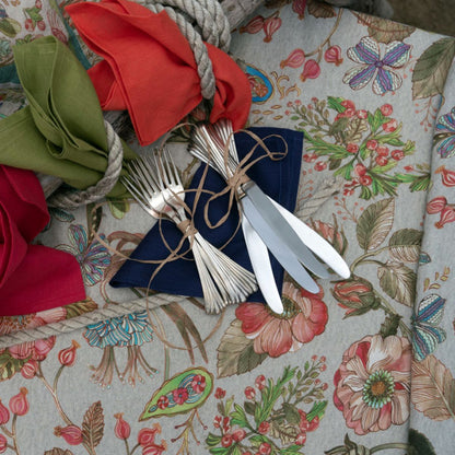 Rond linnen tafelkleed Occitane Ø 170 cm vrolijke bloemen op touwkleurige ondergrond