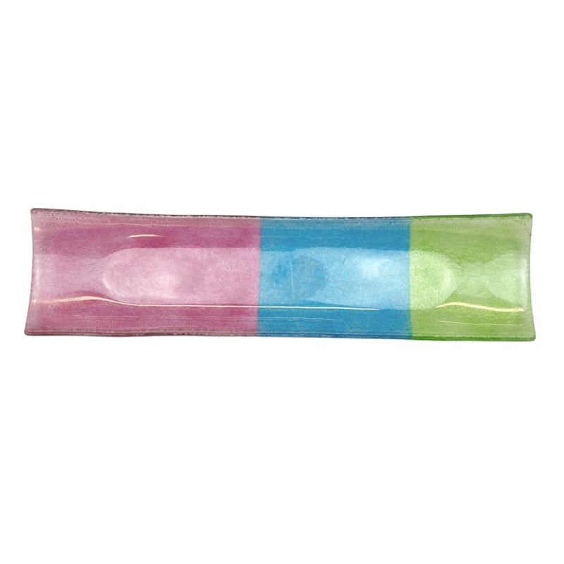 Langwerpige glazen (sushi-)schaal lichtgroen, blauw, roze, U-gevormd | 42 x 12 cm