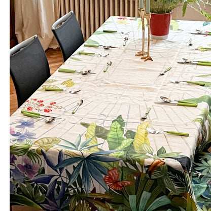 Linnen tafelkleed Naif met tropische flora en fauna | 170 x 270 cm