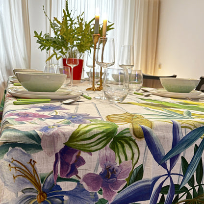Linnen tafelkleed Naif met tropische flora en fauna | 170 x 270 cm