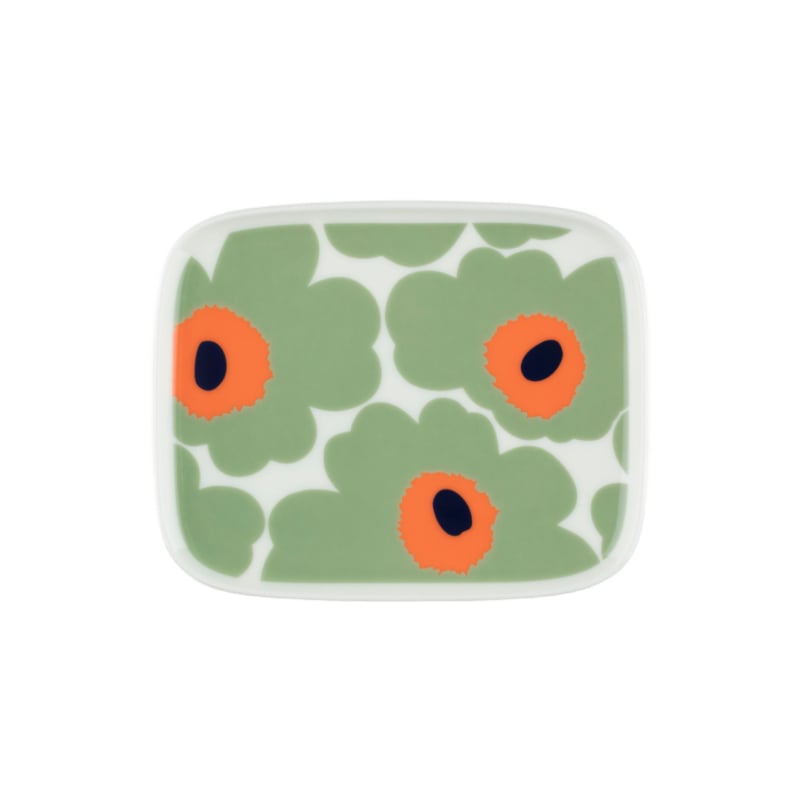 Marimekko Oiva Unikko saliegroen met oranje rechthoekig bordje 15x12 cm