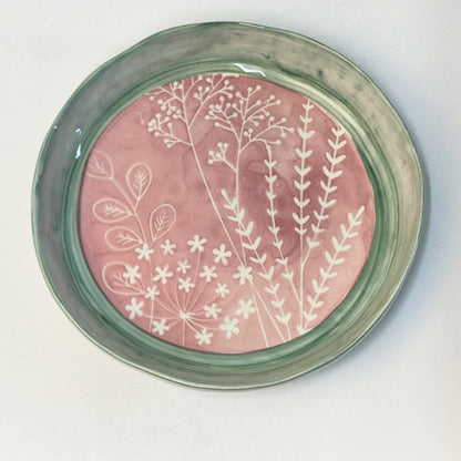 Duro Ceramics Bloom servies serveerschaal roze met groene rand 30 cm