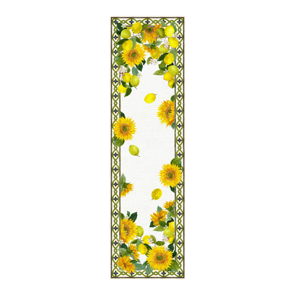 Etruscan Garden linnen tafelloper en tafelkleden met citroenen en zonnebloemen, Kies je formaat