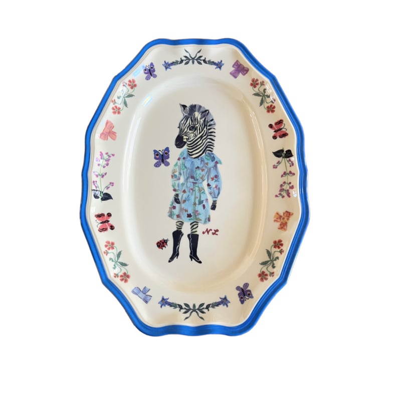 Rice * Nathalie Lété melamine ovalen serveerschaal gelaarsde Zebra en blauwe rand | 26 x 19 cm