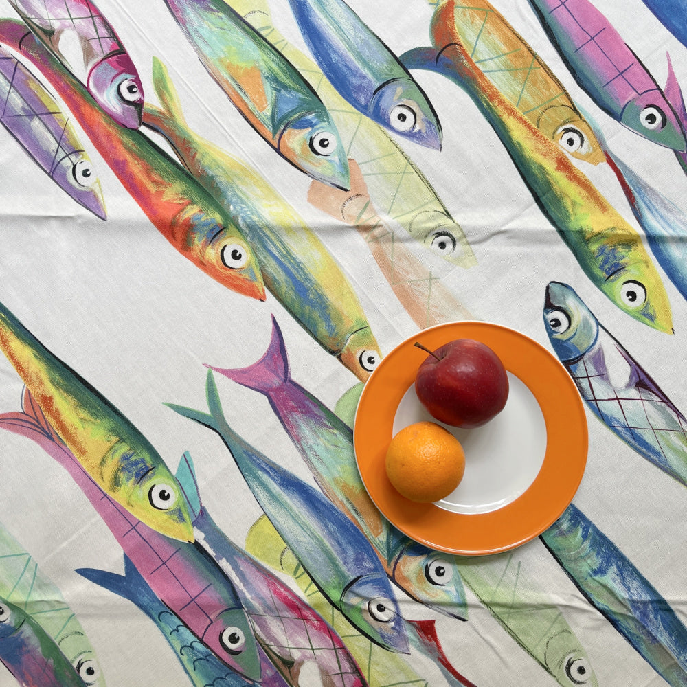 Gecoat katoenen tafelkleed Poisson Bleu 1,80 breed, kies je lengte (per 50 cm)