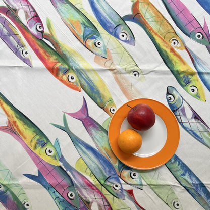 Gecoat katoenen tafelkleed Poisson Bleu 1,80 breed, kies je lengte (per 50 cm)