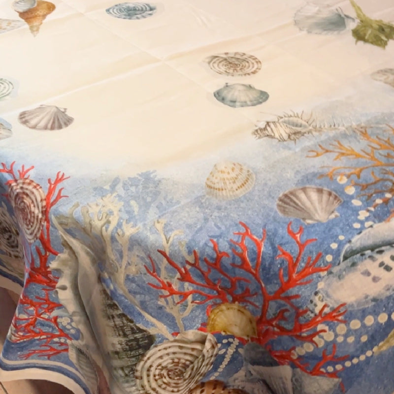 Linnen tafelkleed Murice met schelpen en koraal | 170 x 360 cm