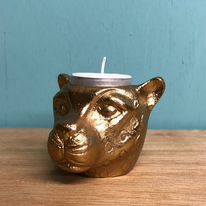 Waxinelichthouders goudkleurig met dierenkoppen: aap, beer, poema, leeuw en neushoorn