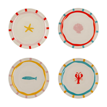 And Nook set van 4 ontbijtbordjes / saladebordjes 'Marine' (met kreeft, vis, schelp en zeester)