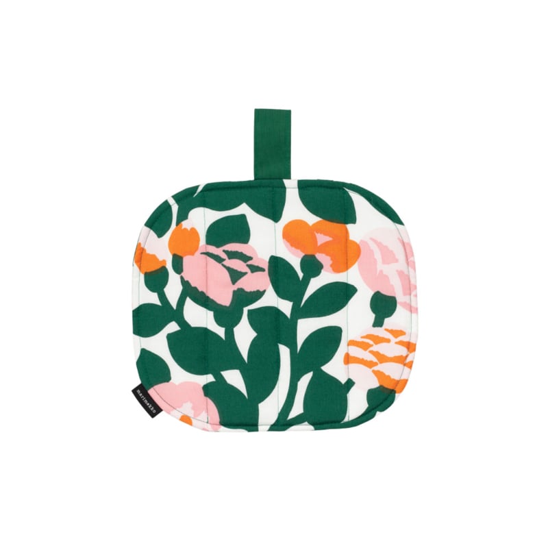 Marimekko Pannenlap Green Green in groen, oranje en roze op wit
