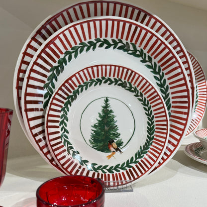 Kerstservies, set van 6 dinerborden Rosso Natale met Kerstboom en Goudvink