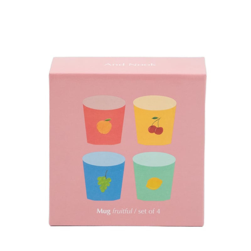 And Nook set van 4 gekleurde mokjes 'Fruitful' (perzik, citroen, kersen en druiven)