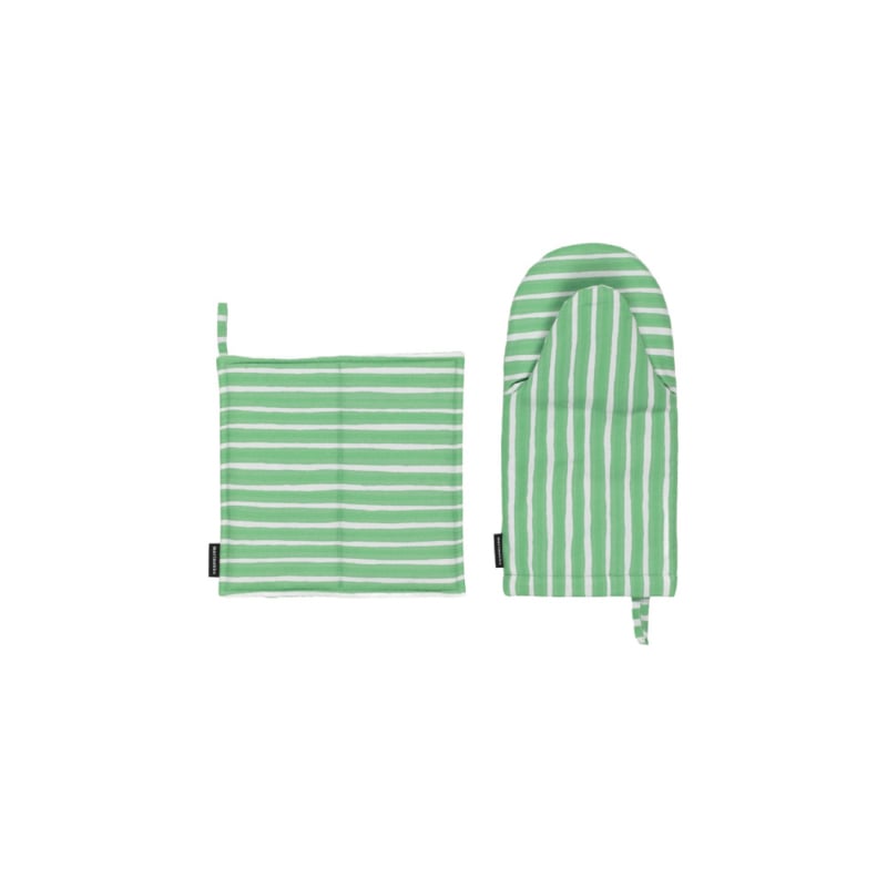 Marimekko Set van Ovenwant en Pannenlap Piccolo groen wit gestreept
