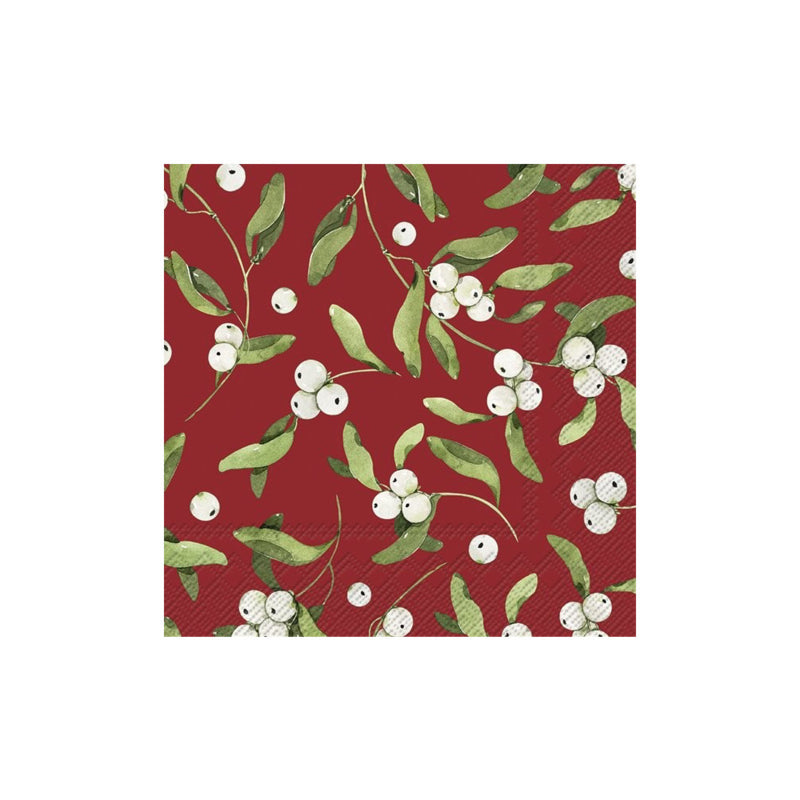 Ihr KERST Alber cocktailservetten donkerrood met mistletoe en witte bessen, 25 x 25 cm, 20 stuks
