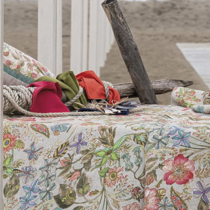 Rond linnen tafelkleed Occitane Ø 170 cm vrolijke bloemen op touwkleurige ondergrond