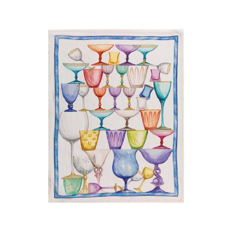 Linnen theedoek Crystal met gekleurde glazen en blauwe rand