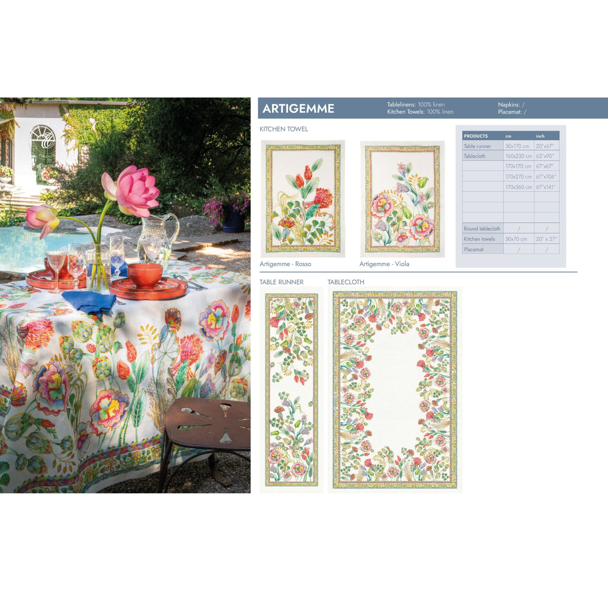 Artigemme linnen tafelkleed en -loper met kleurrijke fantasiebloemen, kies je formaat