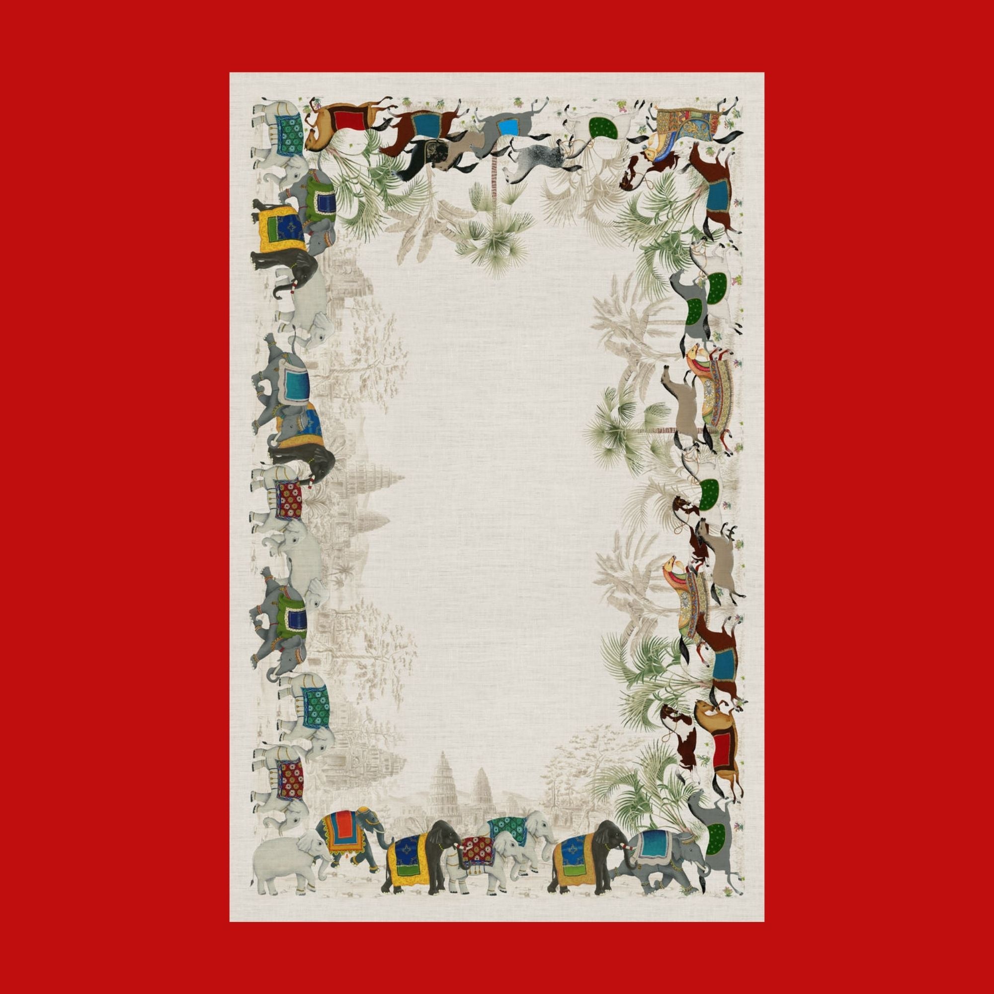Barnum linnen tafelkleden en loper met olifanten en paarden langs de rand, kies je formaat