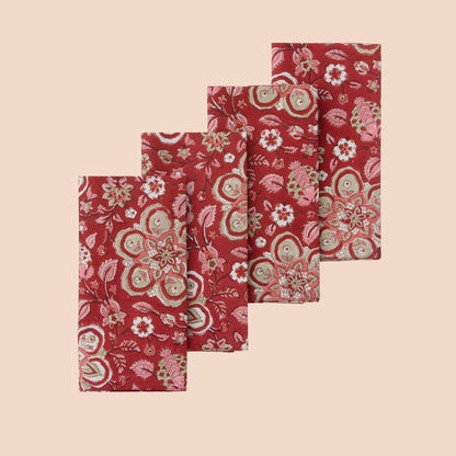 Amara Scarlet blokprint servetten van Bungalow, set van 4, donkerrood | 45 x 45 cm