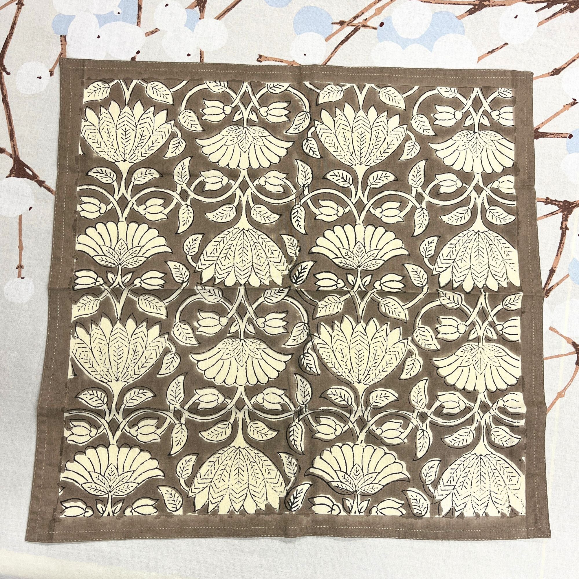 Bungalow blokprint servetten 45 x 45 cm Savannah Ash, set van 4 stuks